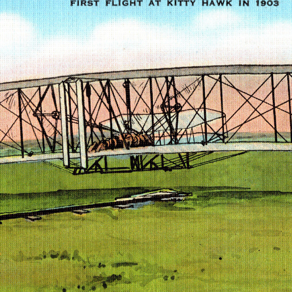 Vintage 1930s Wright Brothers Kitty Hawk First Power Driven Plane Postcard