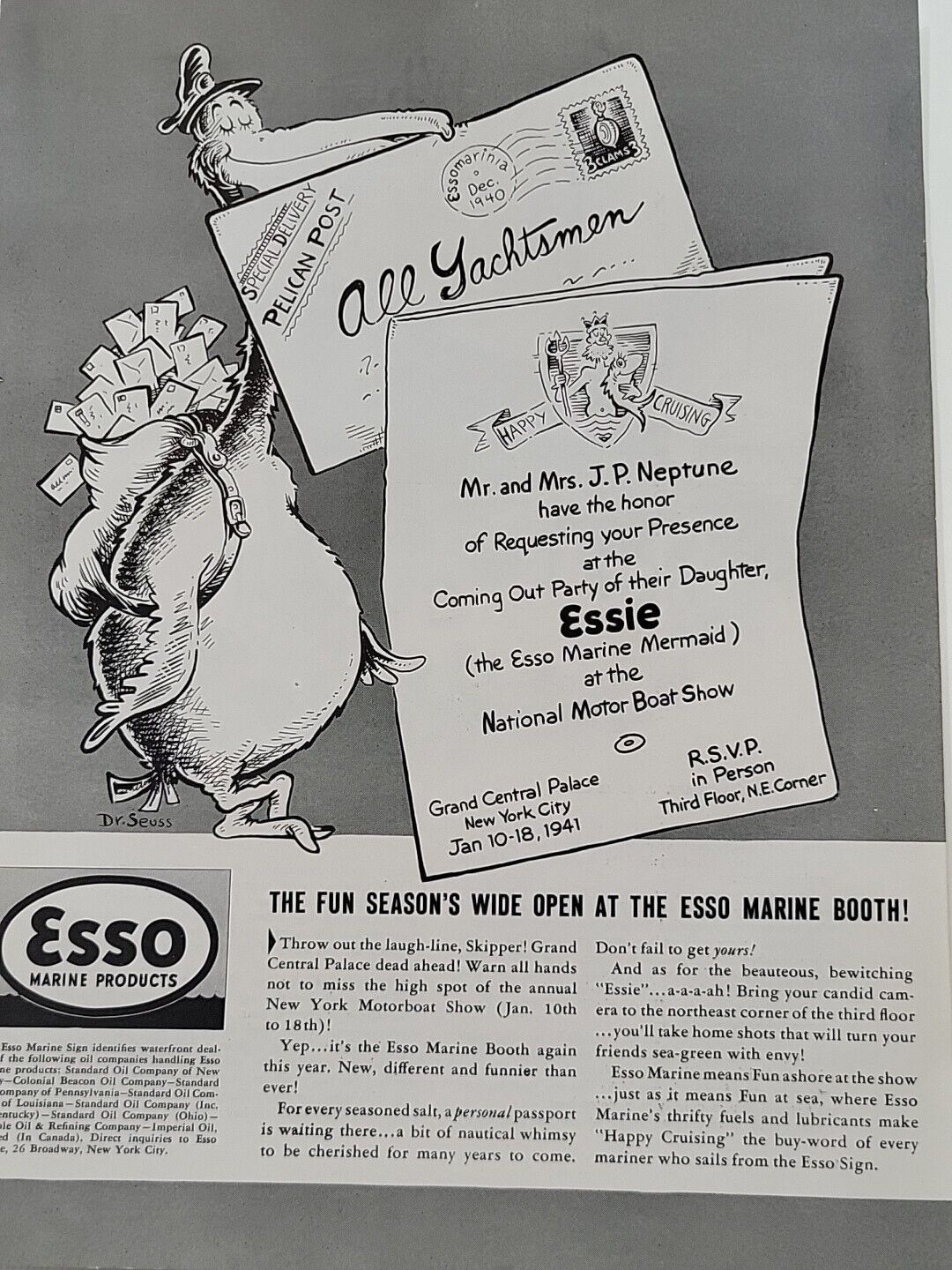 1940 Esso Marine Products MB Mag Print Ad Dr. Seuss Theodore Geisel Pelican Post