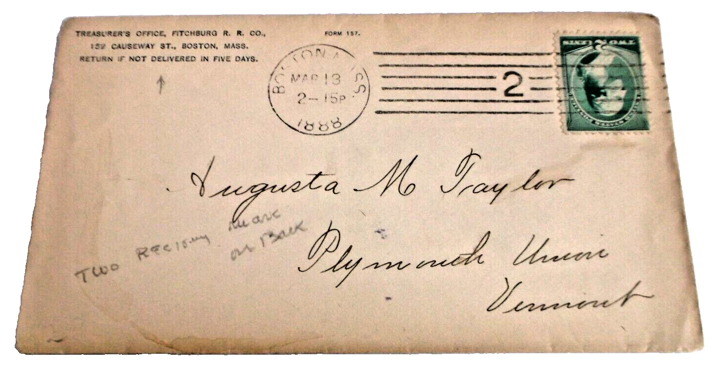 MARCH 1888 FITCHBURG RAILROAD USED COMPANY ENVELOPE B&M