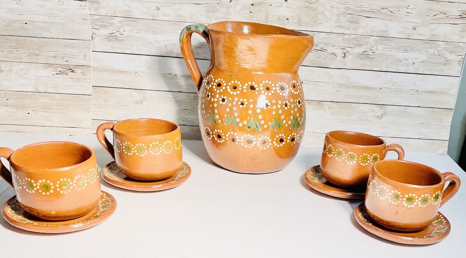 Terra Cotta Mexican Pottery Coffee Set 4 Mugs & Plates Chocolatera Artesanal