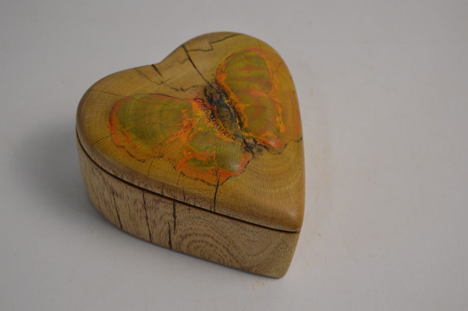 Vintage Hand Carved Heart Jewelry Box Butterfly Motif Handmade Collectible