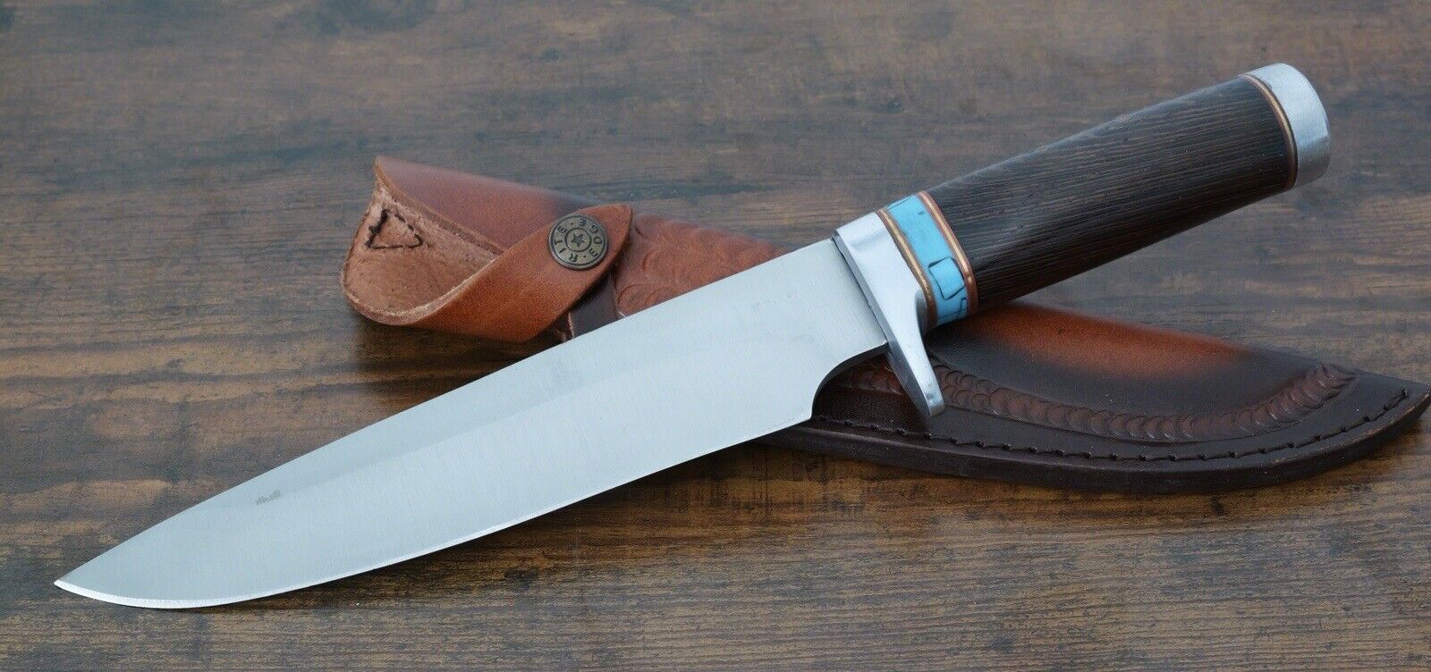 13” Fixed Blade Bowie Knife Large Wood Handle Embossed Leather Sheath Belt Loop
