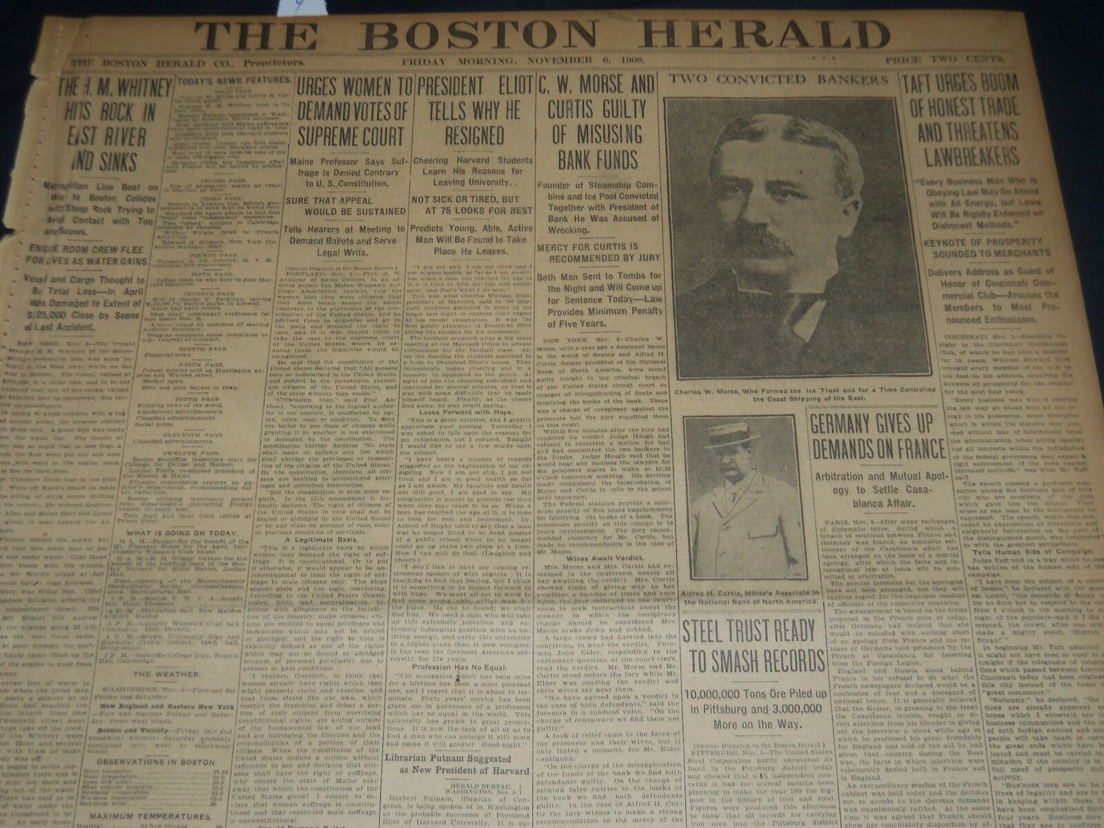 1908 NOV 6 THE BOSTON HERALD - PRESIDENT ELIOT TELLS WHY HE RESIGNED - BH 243