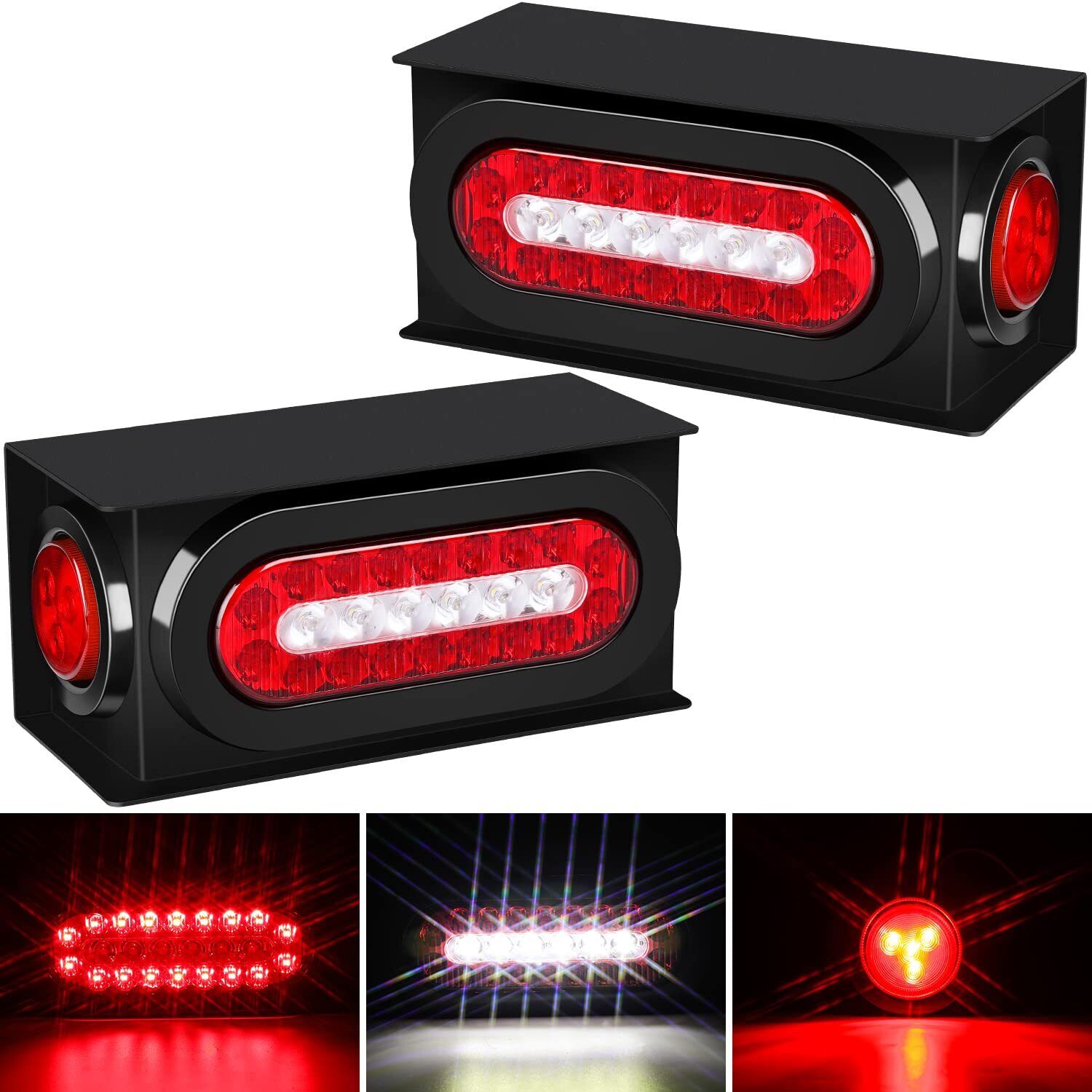 2 Pcs Trailer Light Steel Boxes Housing Kit with W/6 Oval Red/White LED Tail Li