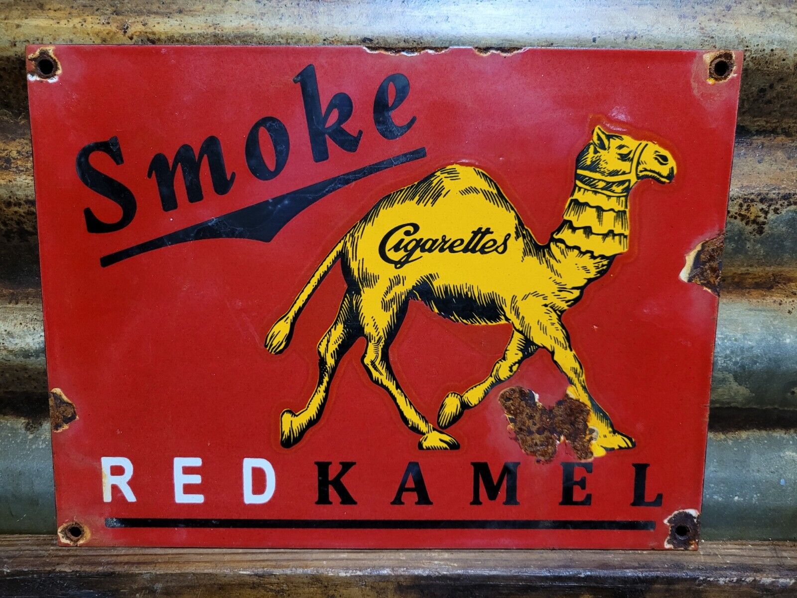 VINTAGE RED KAMEL PORCELAIN SIGN SMOKE CIGARETTE TOBACCO PIPE SMOKING COMPANY
