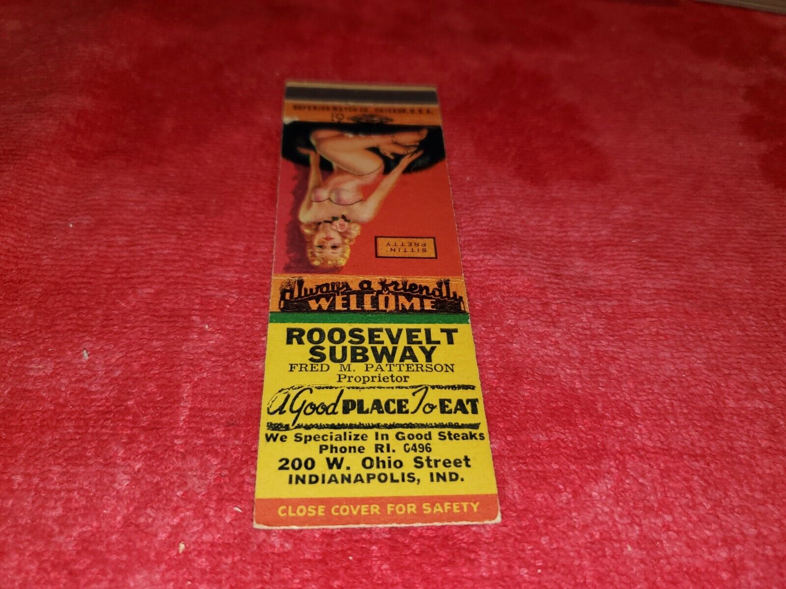 VINTAGE 1940s MATCHBOOK COVER WITH PIN UP FROM ROOSEVELT SUBWAY INDIANAPOLIS IND