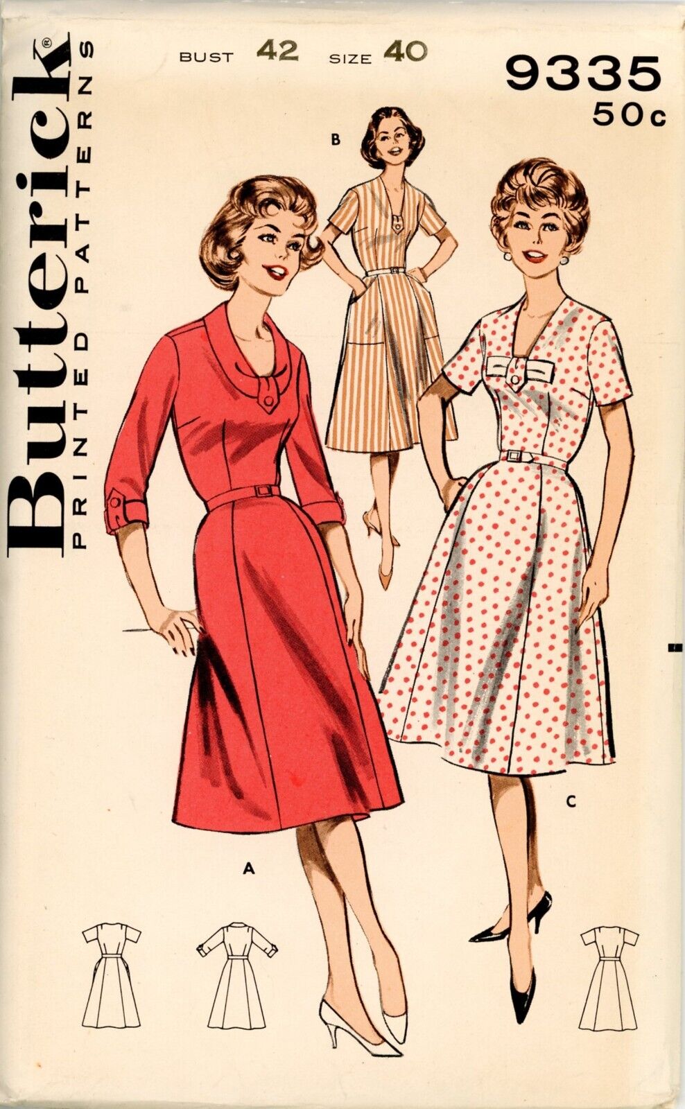 Butterick 9335 Flared Dress w 6-Gore Skirt & Pretty Necklines Sz 40 UNCUT 60s