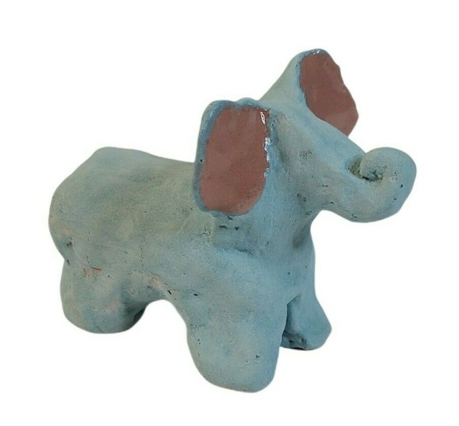 Primitive Clay Pottery Elephant Hand Mold Figurine Blue Signed 6th Grade Vintage