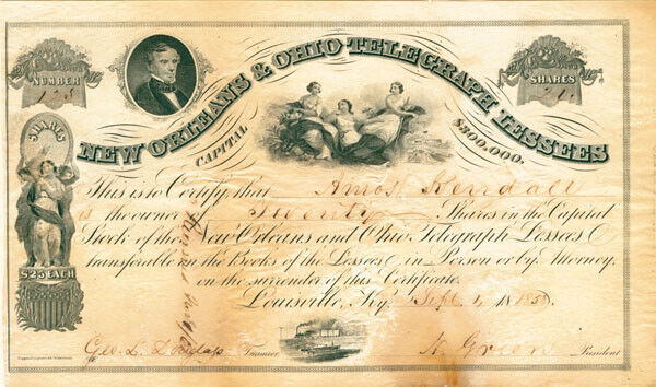 Norvin Green - New Orleans and Ohio Telegraph Lessees - Stock Certificate - Auto