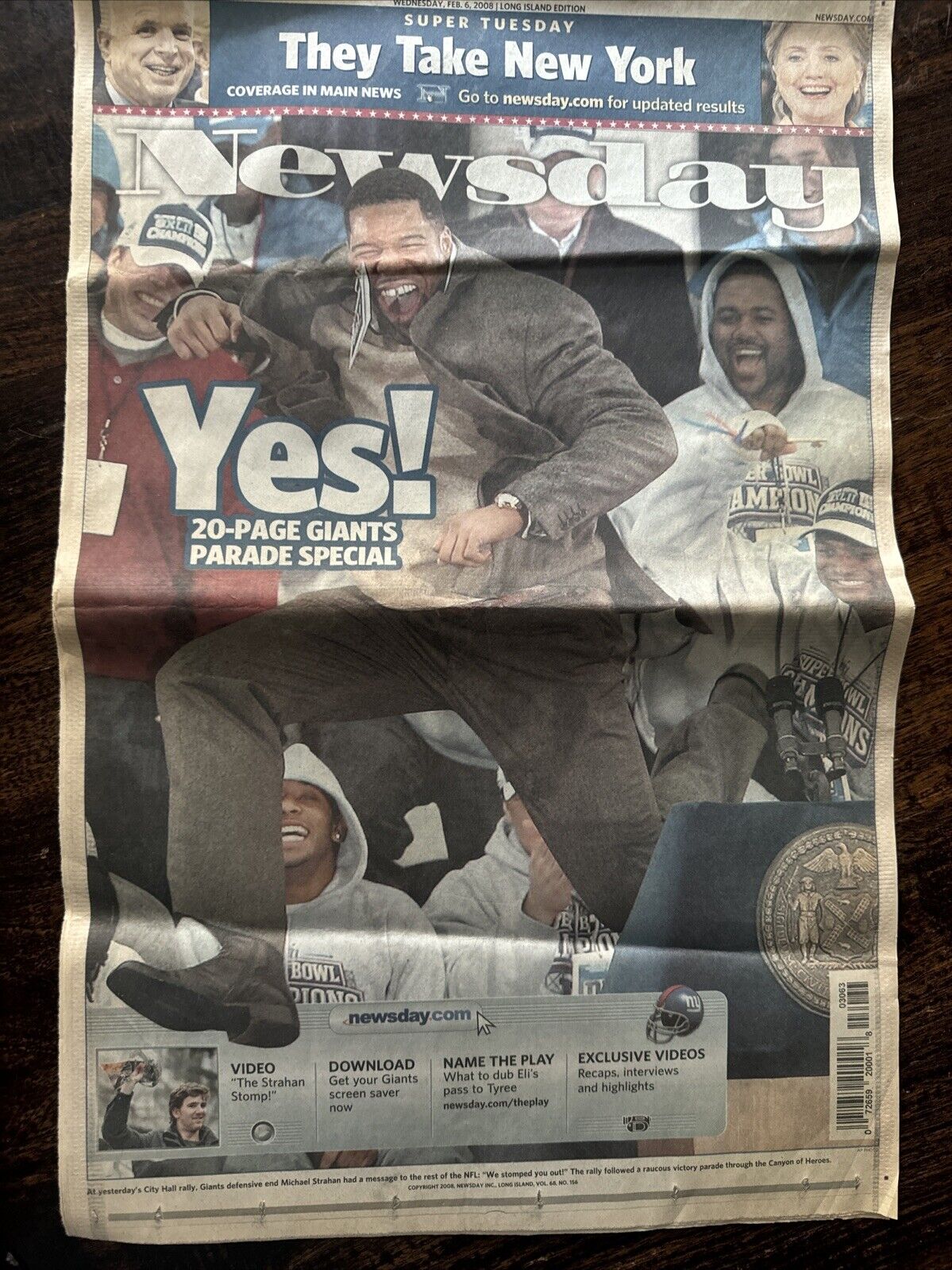 New York Giants Newsday newspaper Feb 6 2008, 20 Page Parade Special