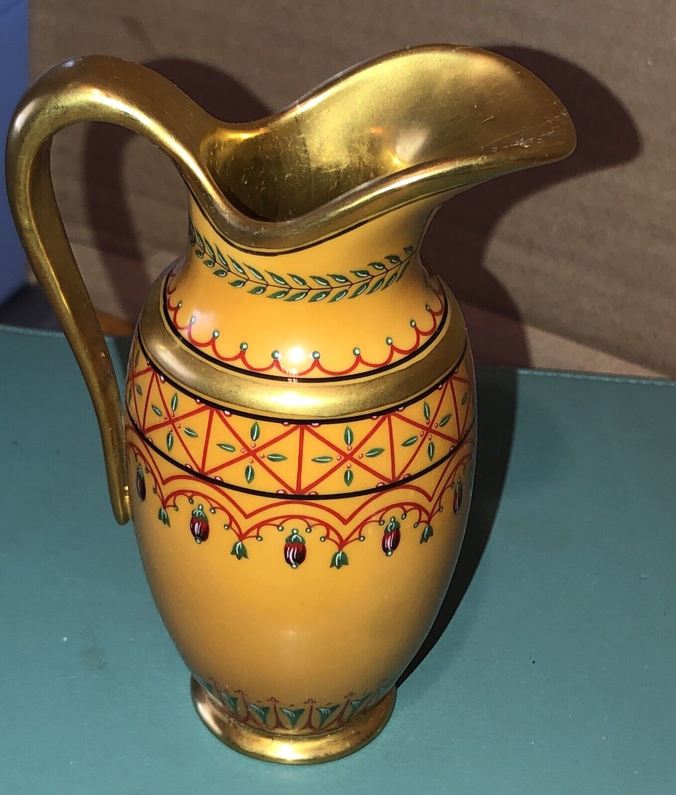 Franklin Mint Museum Replica Ceramic Antique Pitcher 5 1/2”  Orange And Gold ￼#1