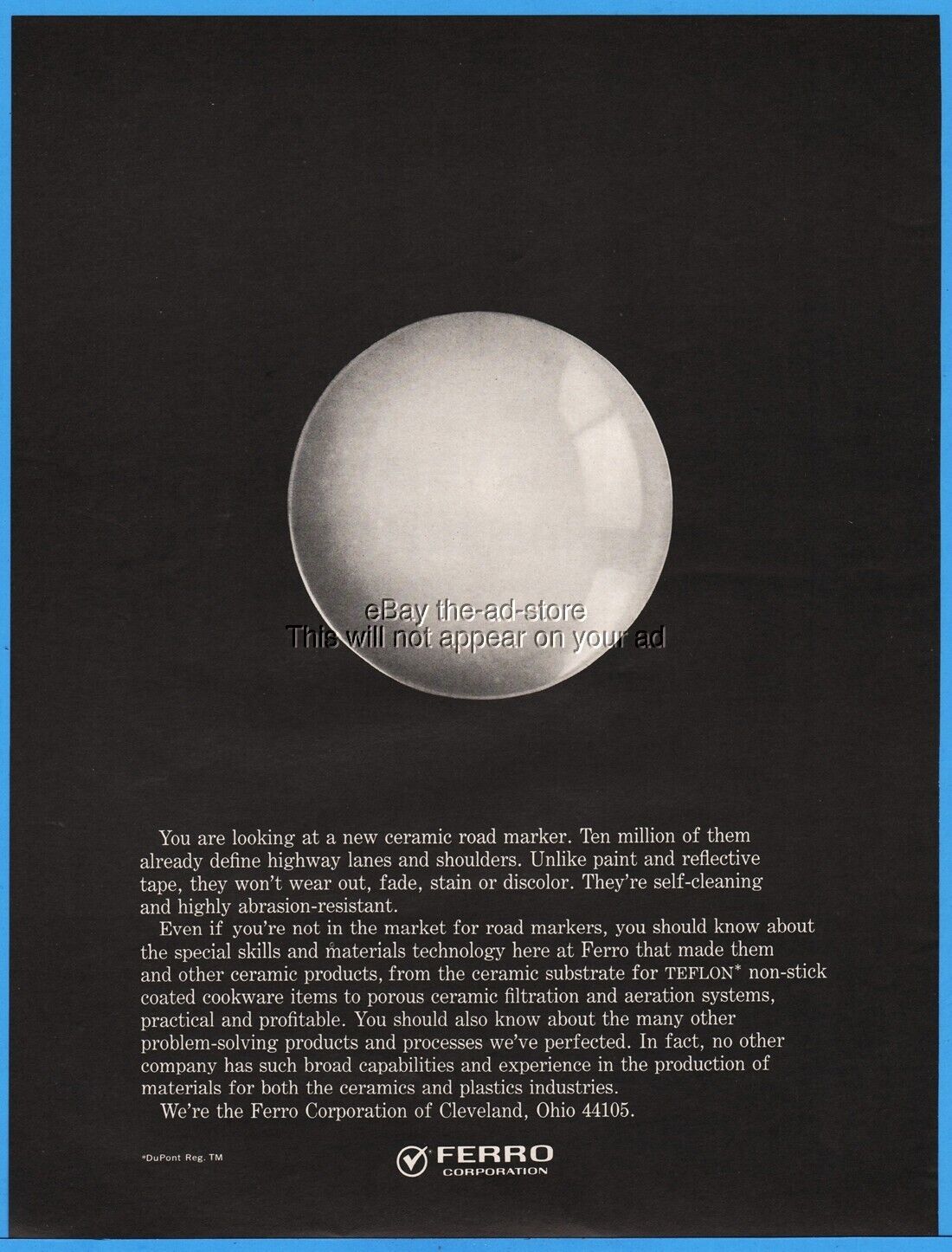 1968 Ferro Corporation Cleveland Ohio ceramic road marker TEFLON print ad