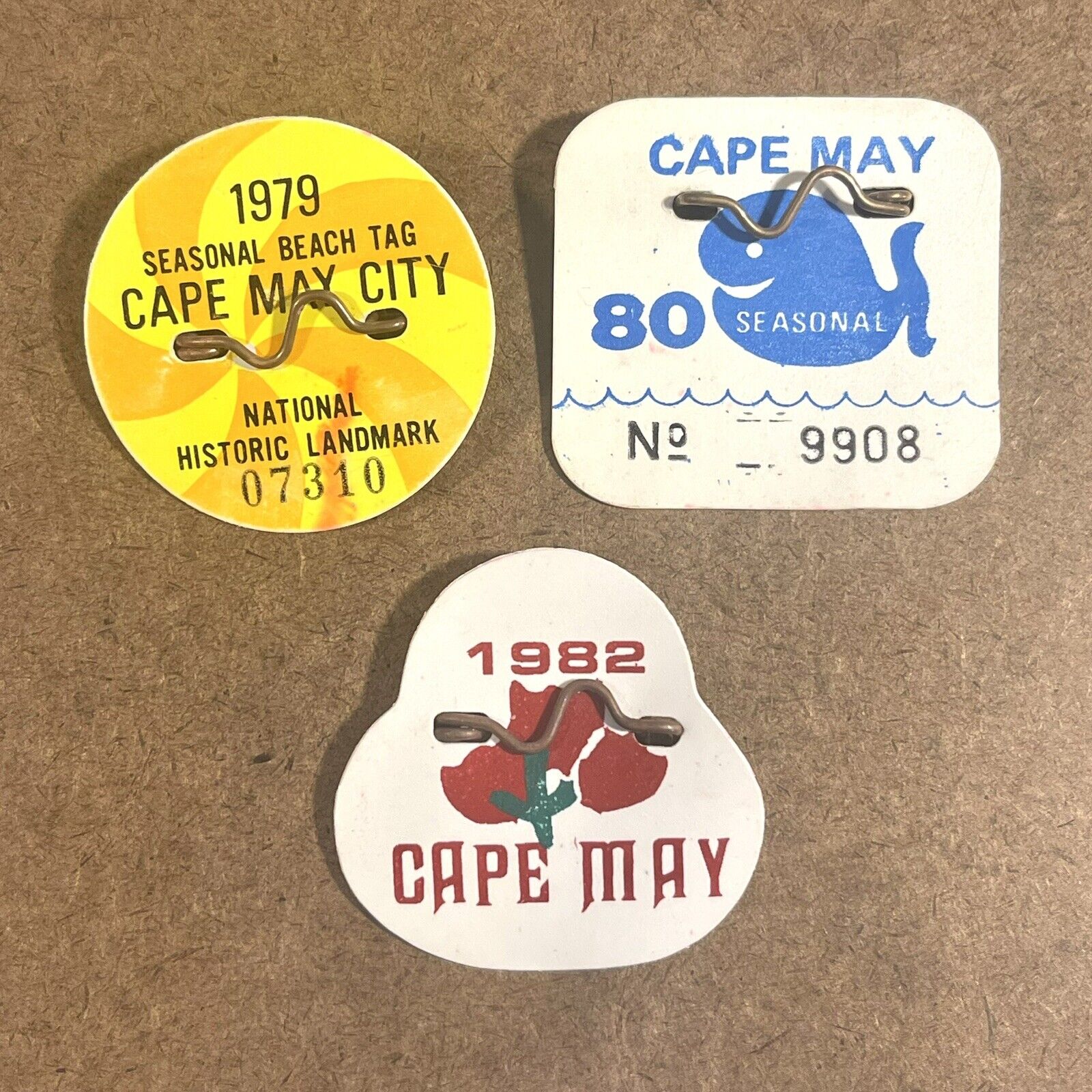 (3) CAPE MAY NJ Beach Tags Badges / 1979 1980 1982 / Vintage Jersey Shore