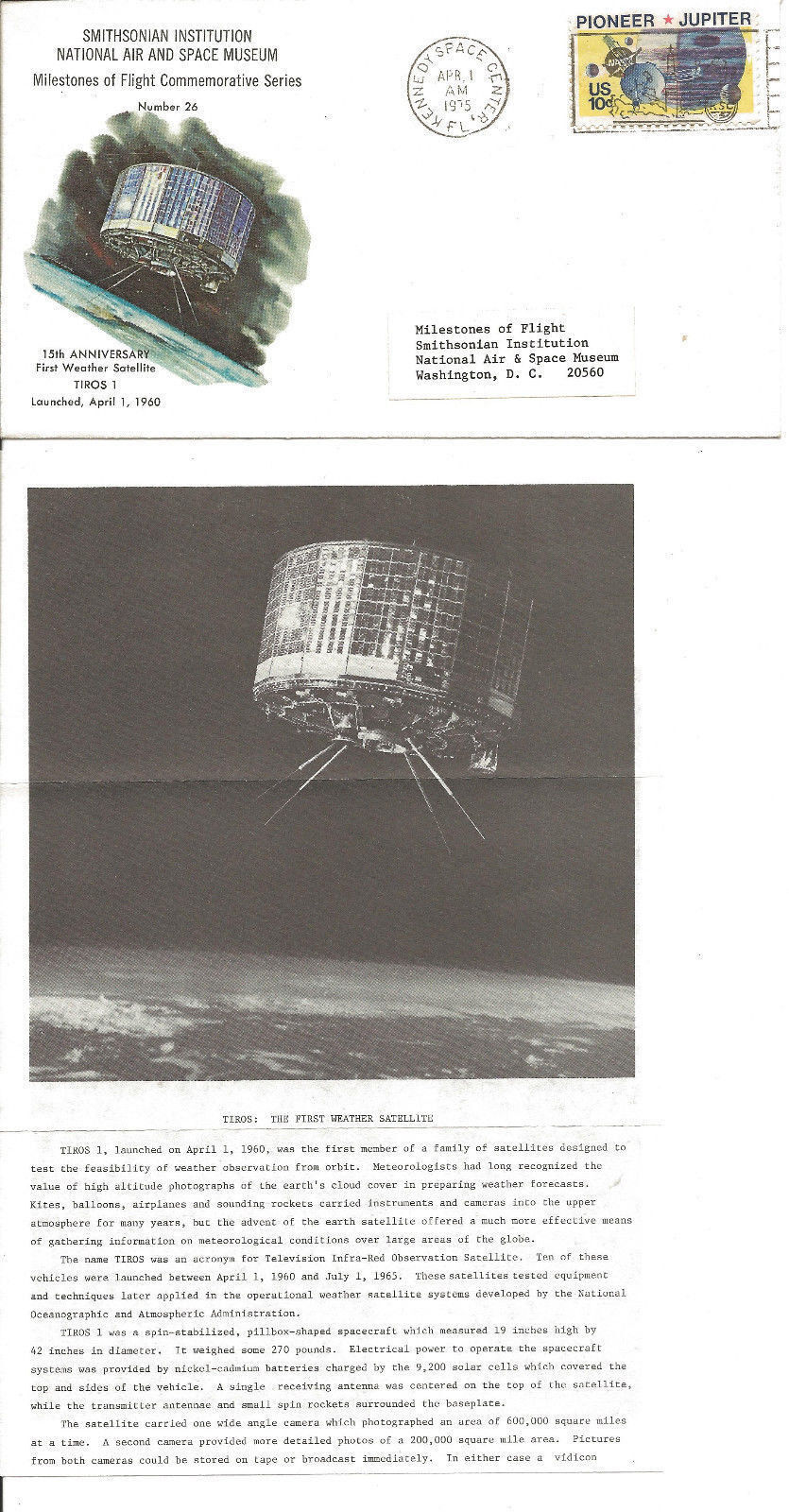 SPACE (1975) NASA First Day Cover: TIROS Weather Satellite 15th Anniversary