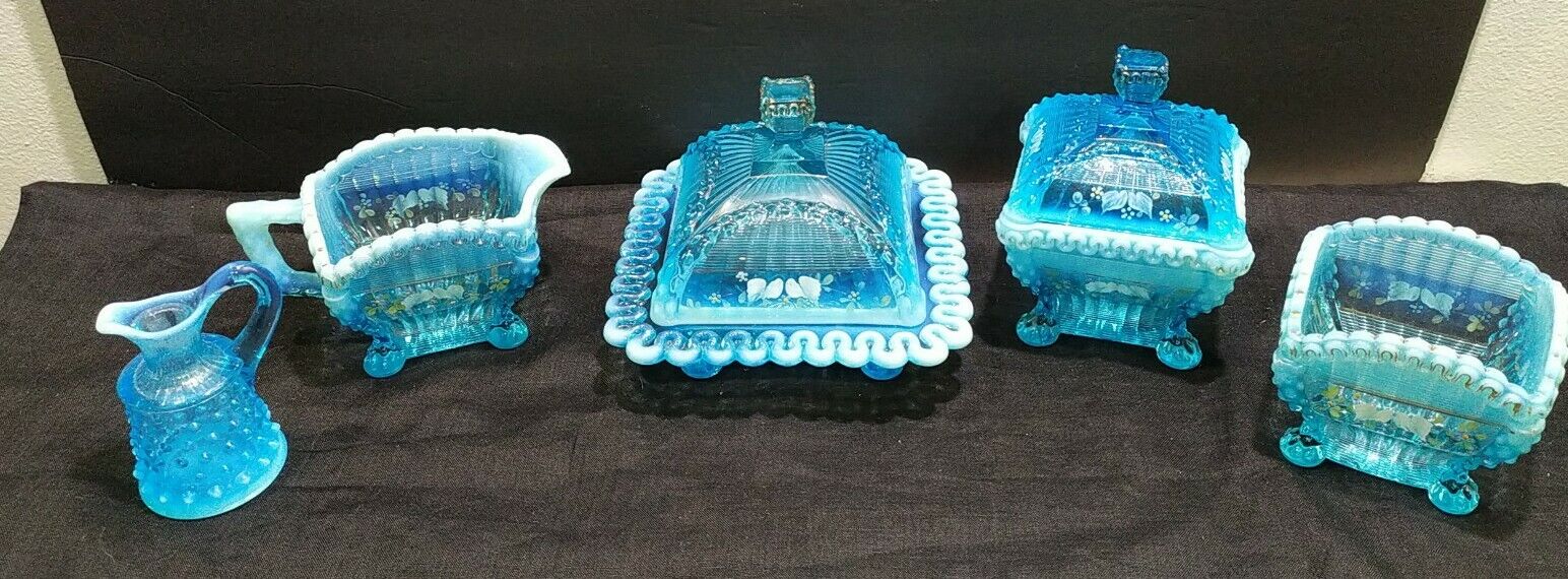 Antique Northwood Alaska Blue Glass set sugar Bowl butter dish curved 