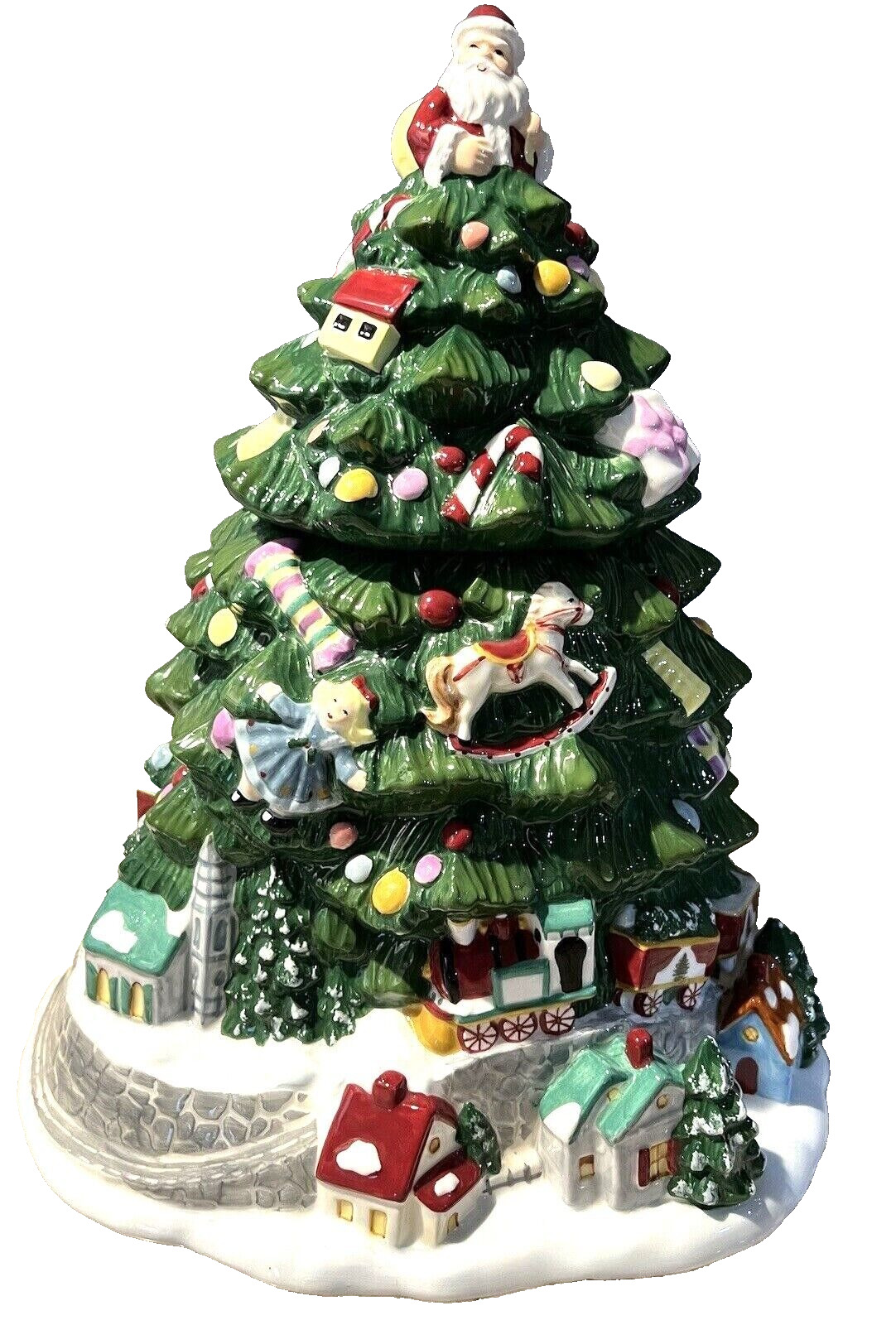 2002 Large Spode Christmas Tree Cookie Jar With Train Station Base 13