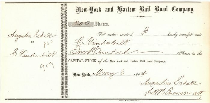 1860's New York and Harlem RR issued to Commodore Cornelius Vanderbilt - Transfe