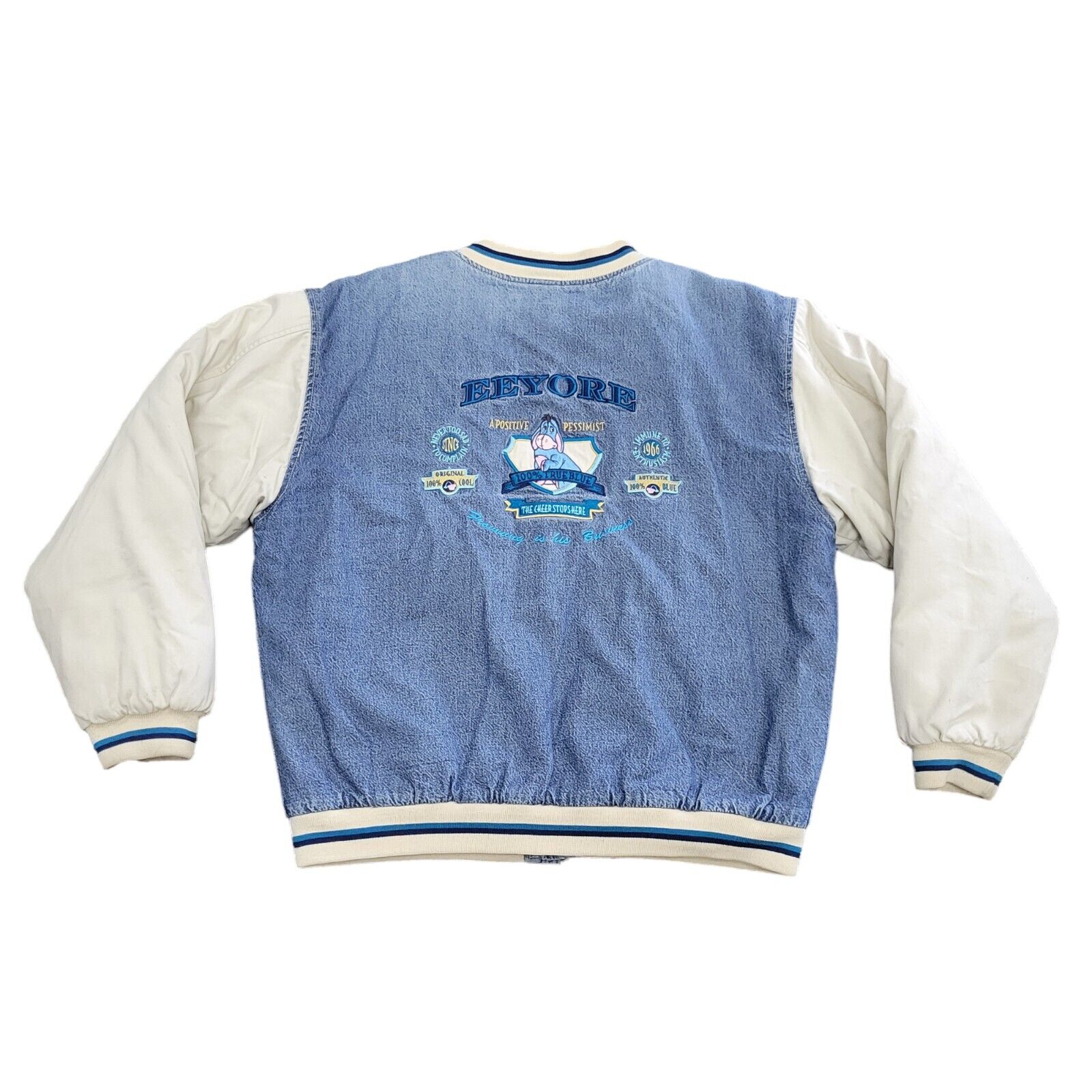 Vintage Eeyore Varsity Denim Bomber Jacket 90s Disney Store Size Medium