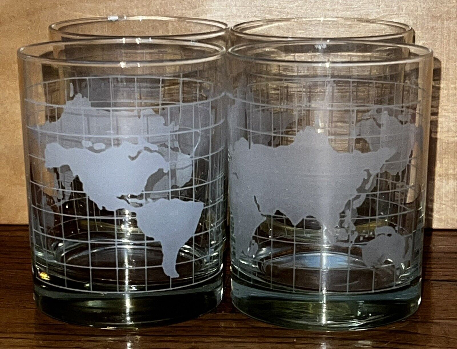 4 VTG 70's Glass Clear w Frosted World Map Globe Double Old Fashioned Tumblers