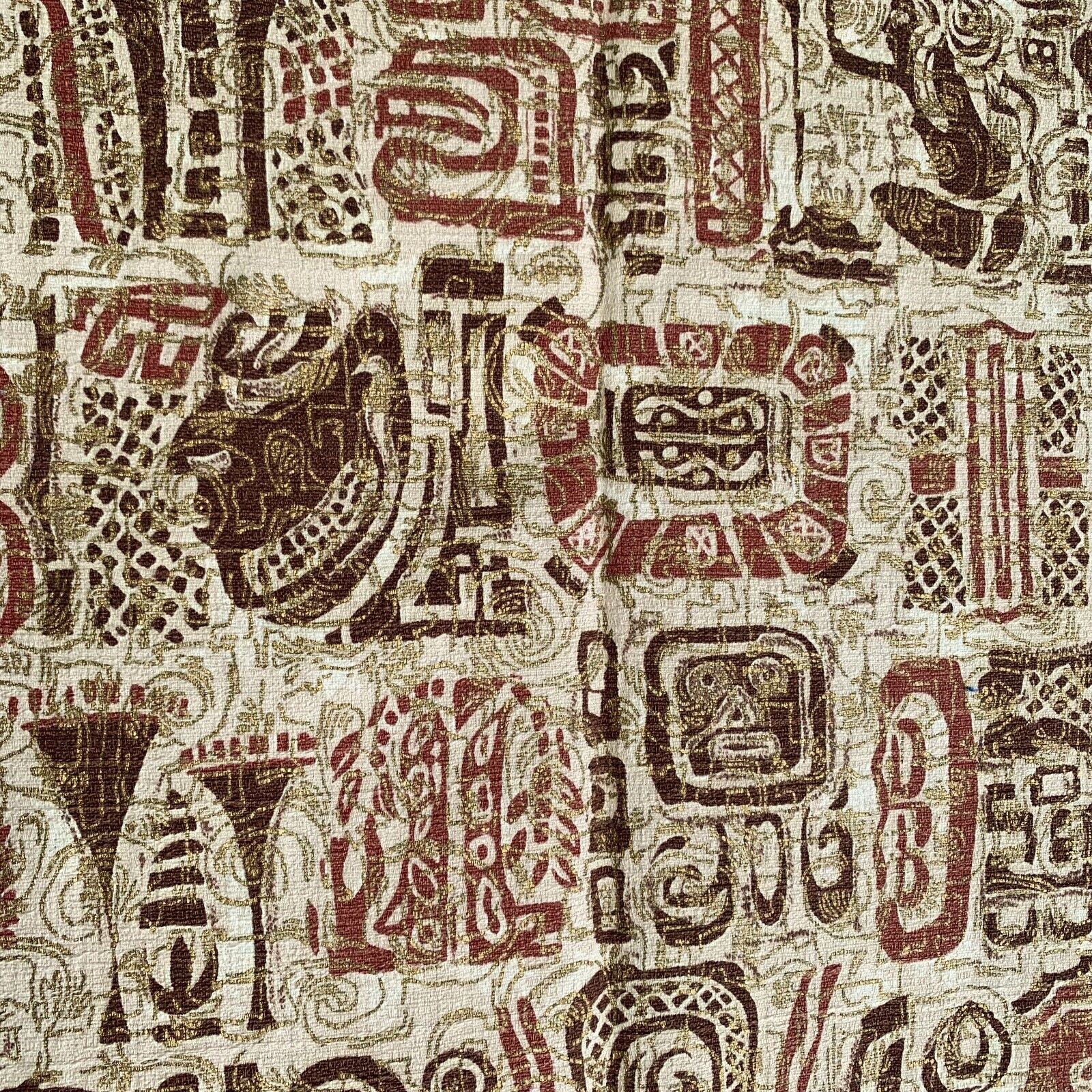 Mid Century Modern Barkcloth Fabric Aztec Style Ethnic Brown Rust Gold 2 Panels
