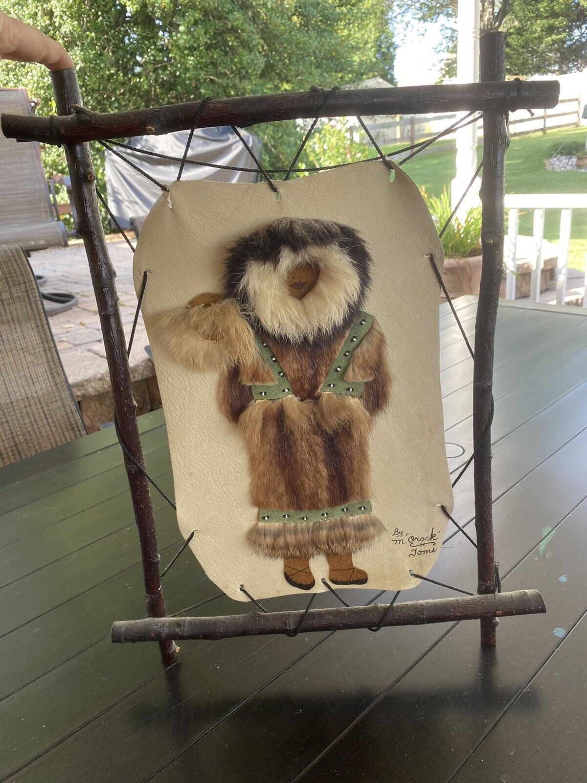 Alaskan Mother & Child Wall Hanging With Branch Frame, Made Of Fur/faux Fur