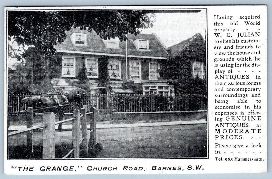 1920's THE GRANGE ANTIQUES AT MODERATE PRICES CHURCH RD BARNES SW POSTCARD