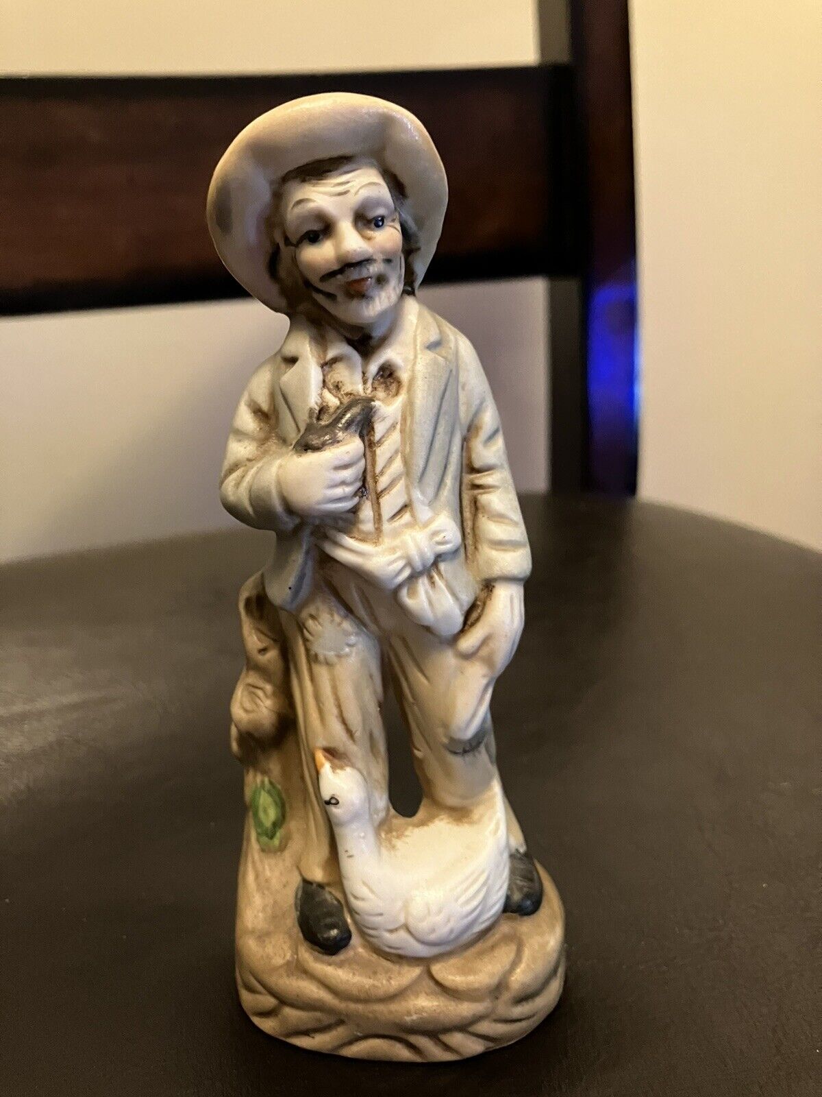 Vintage Old Man Figurine Porcelain Bisque Smoking Pipe & Goose 