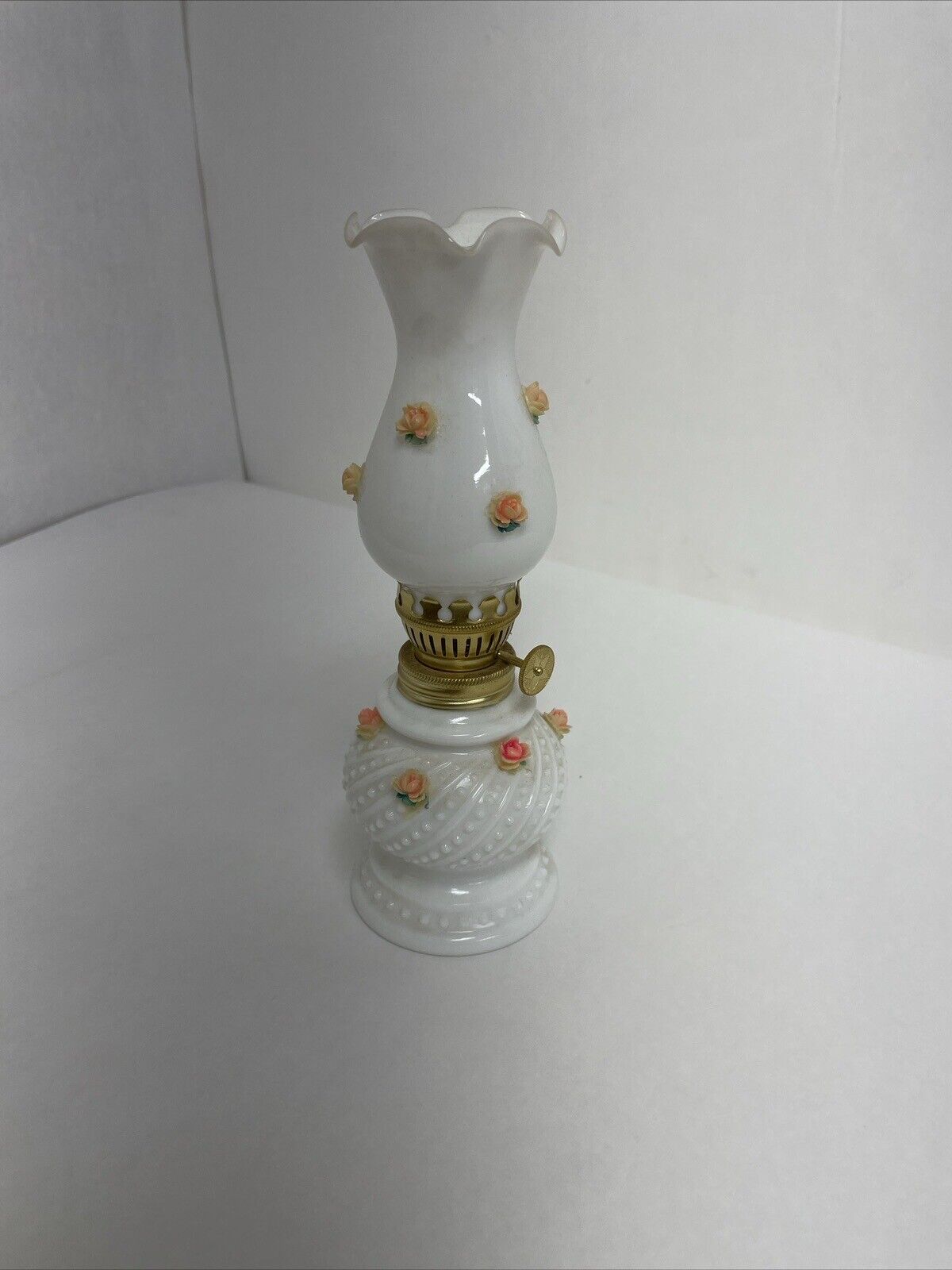 Small vintage floral oil lamp in Victorian milk glass made in Japan