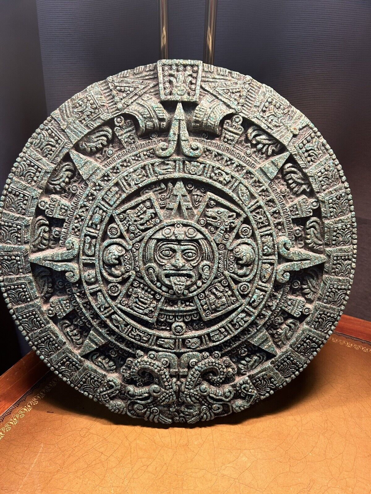 Vintage Zarebski Mayan Calendar Sun Malachite Round Green Wall Stone Plaque