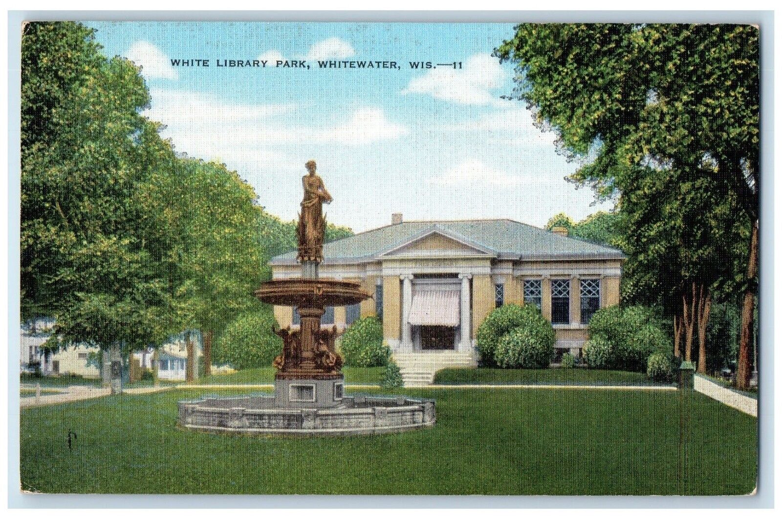c1940 White Library Park Statue Whitewater Wisconsin WI Vintage Antique Postcard