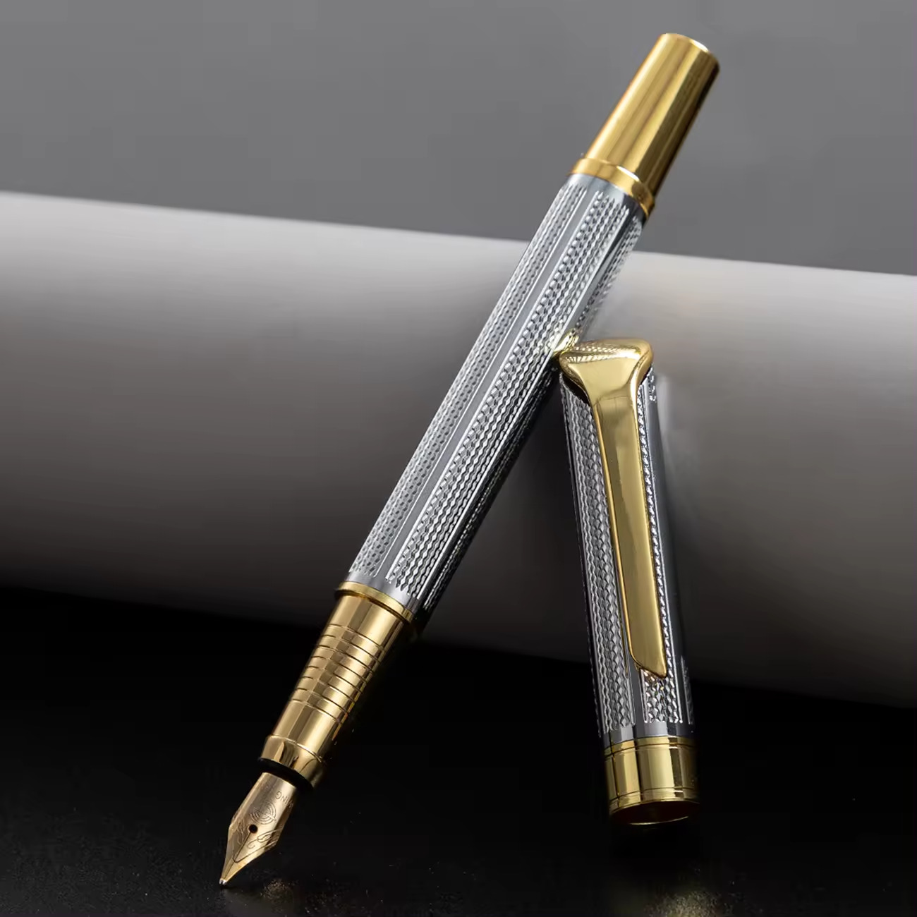 Jinhao 899 Reticulated Metal Fountain Pen, Fine Nib, Converter, Chrome & Gold