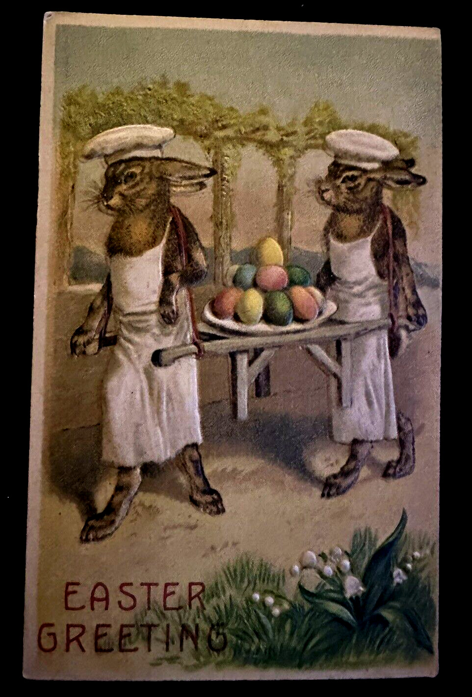 Bunny RABBITS~Chefs in Aprons~Carry Colorful EGGS~ Easter Fantasy Postcard-h269