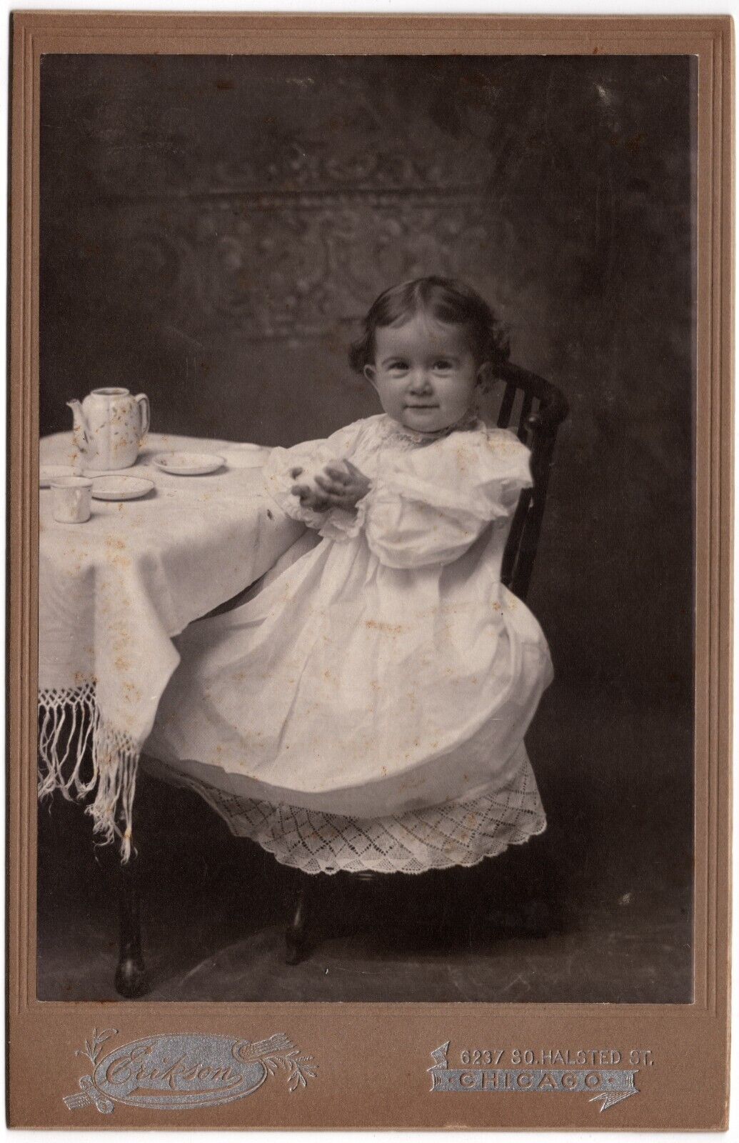 CIRCA 1890s CABINET CARD ERIKSON CUTE YOUNG GIRL WITH TEASET CHICAGO ILLINOIS