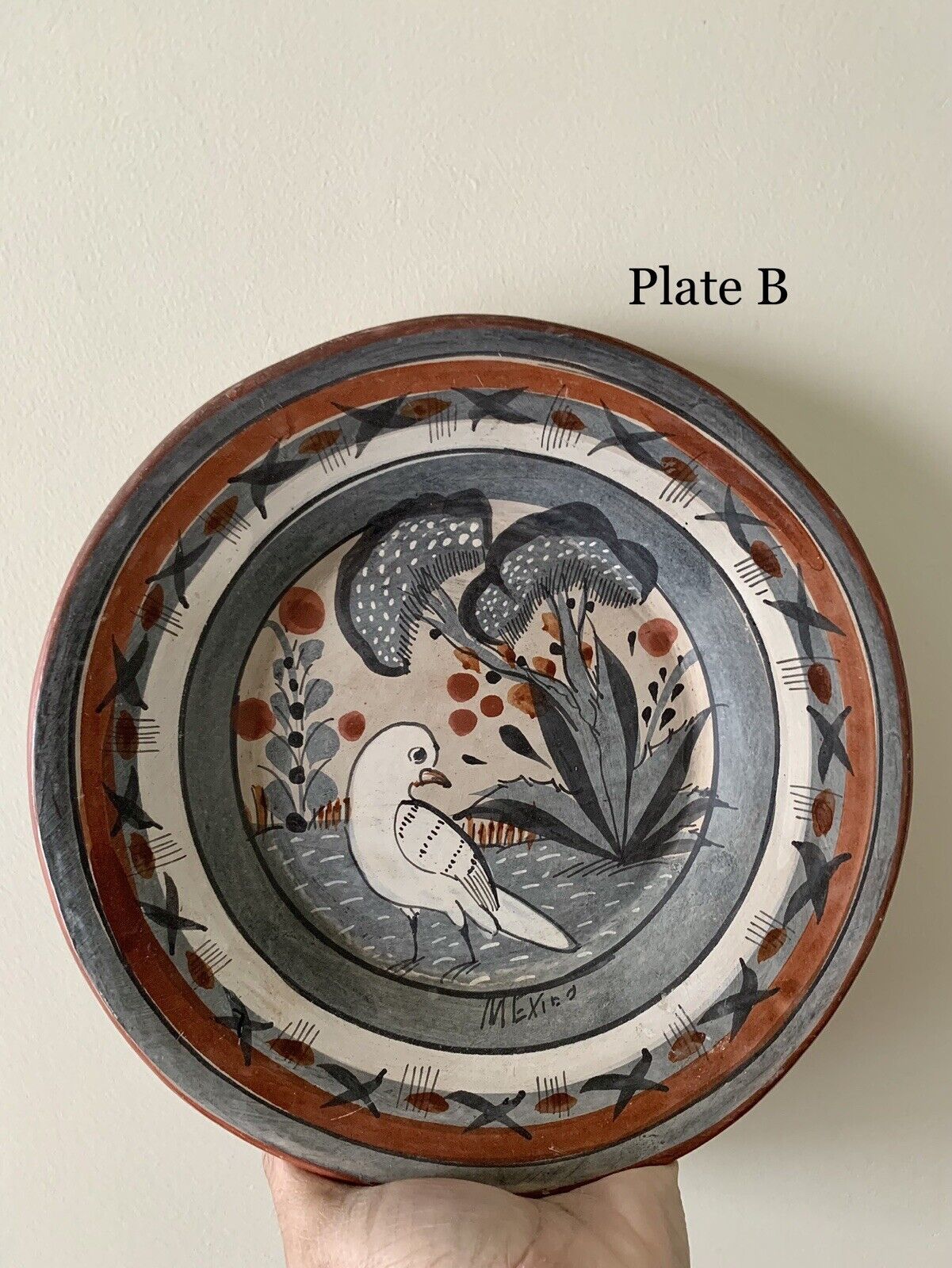 Vintage Mexican Tonala Pottery Plate with Bird Design, Handmade Mexican Folk Art