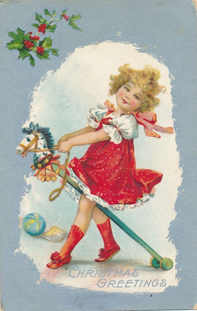CHRISTMAS - Girl and Hobbyhorse Christmas Greetings Postcard - 1909