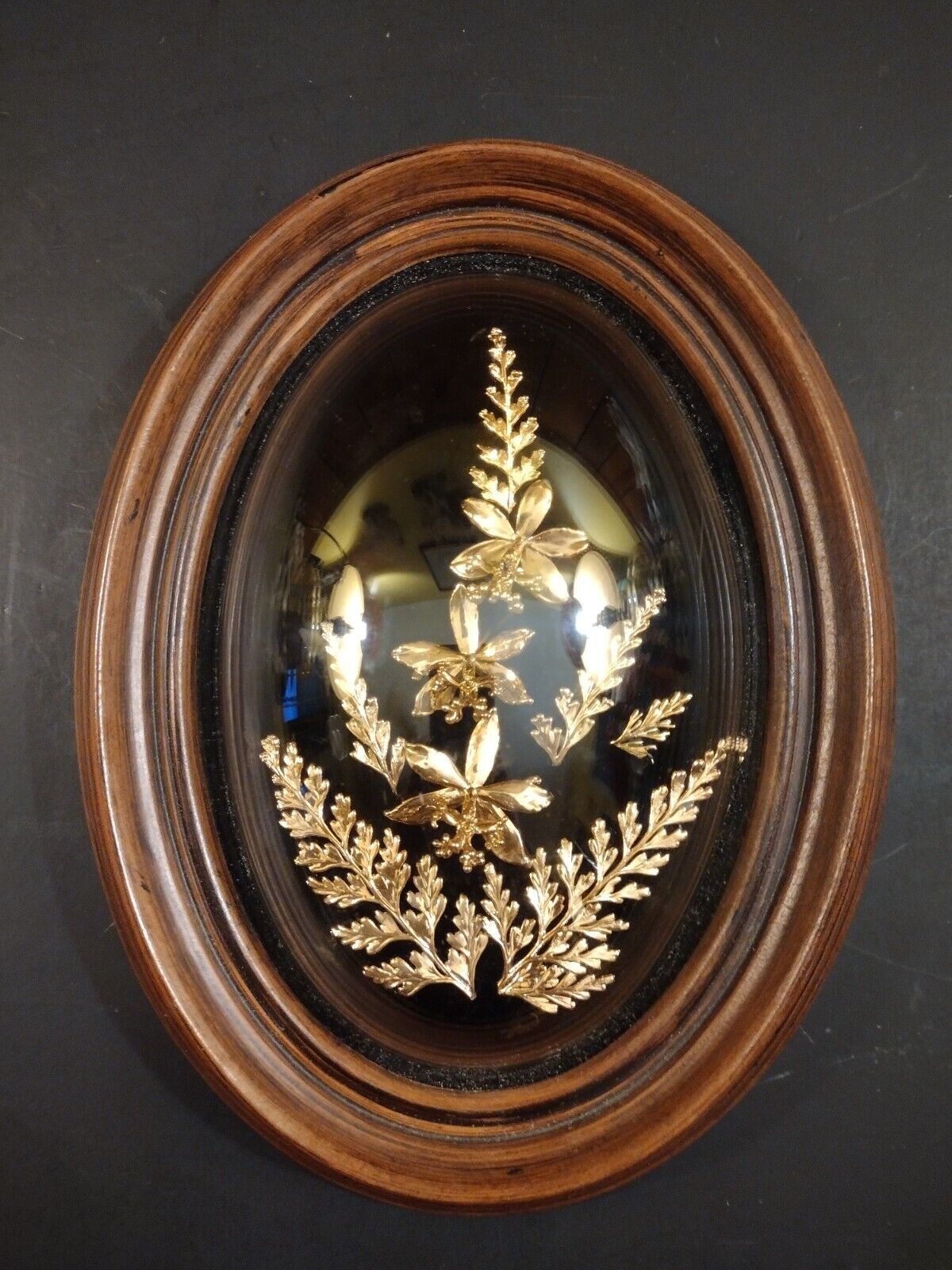 Real Hawaiian Flowers Ferns with 24K Gold Plating Domed Frame Orchid Saburo Vtg