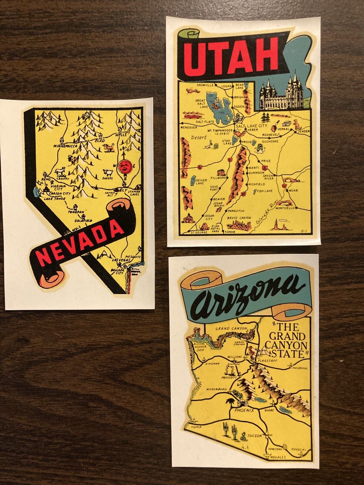 Lot of 3 Vintage Southwest State Map Decals & Sleeves - Nevada, Utah & Arizona