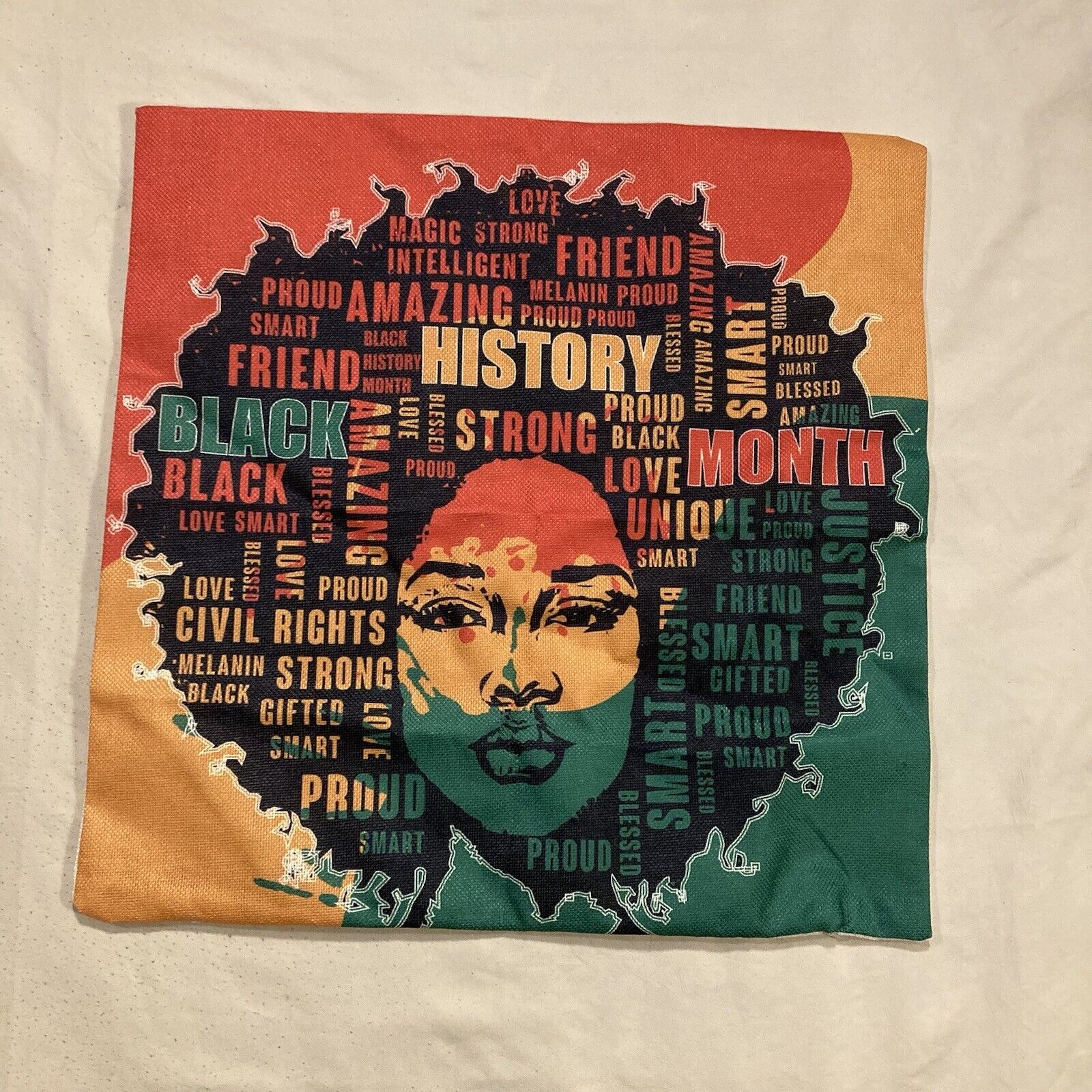 Black History Month Pillowcase Woman Afro Art & Lettering Colorful Canvas 18”