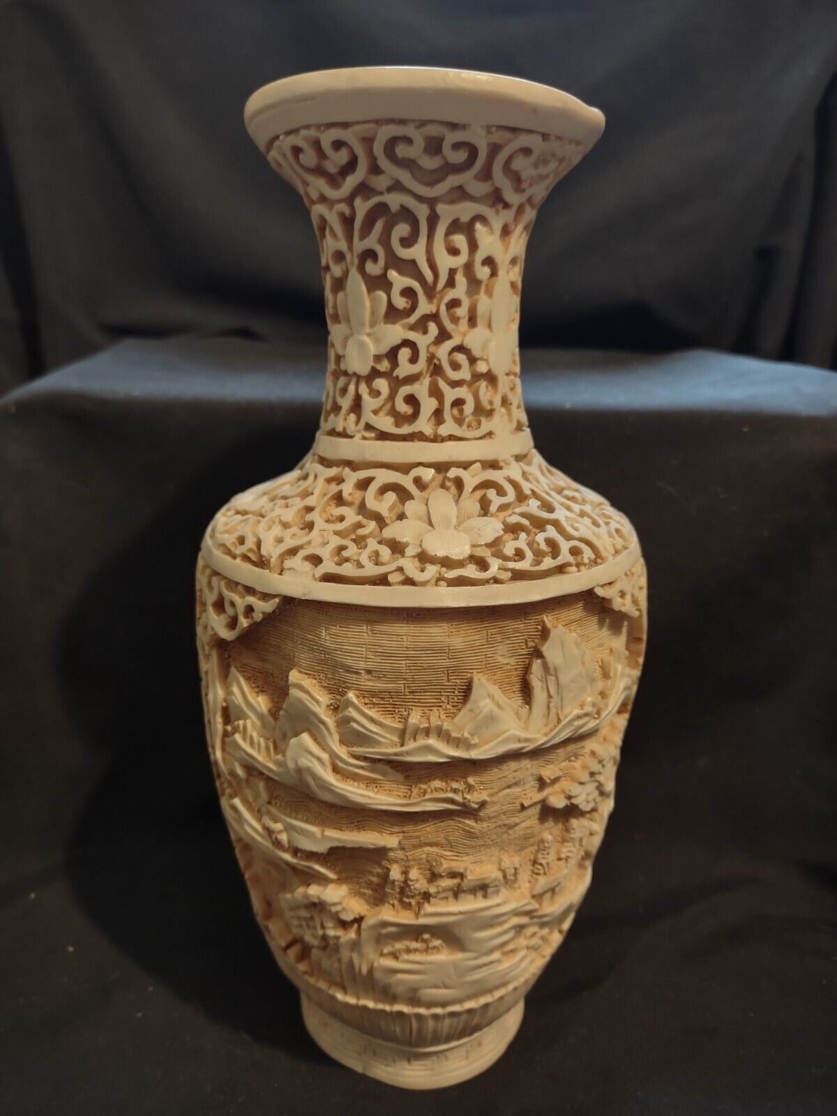 Vintage Intricately Hand Carved Resin Vase Asian Japanese Chinese Design 9 1/2\