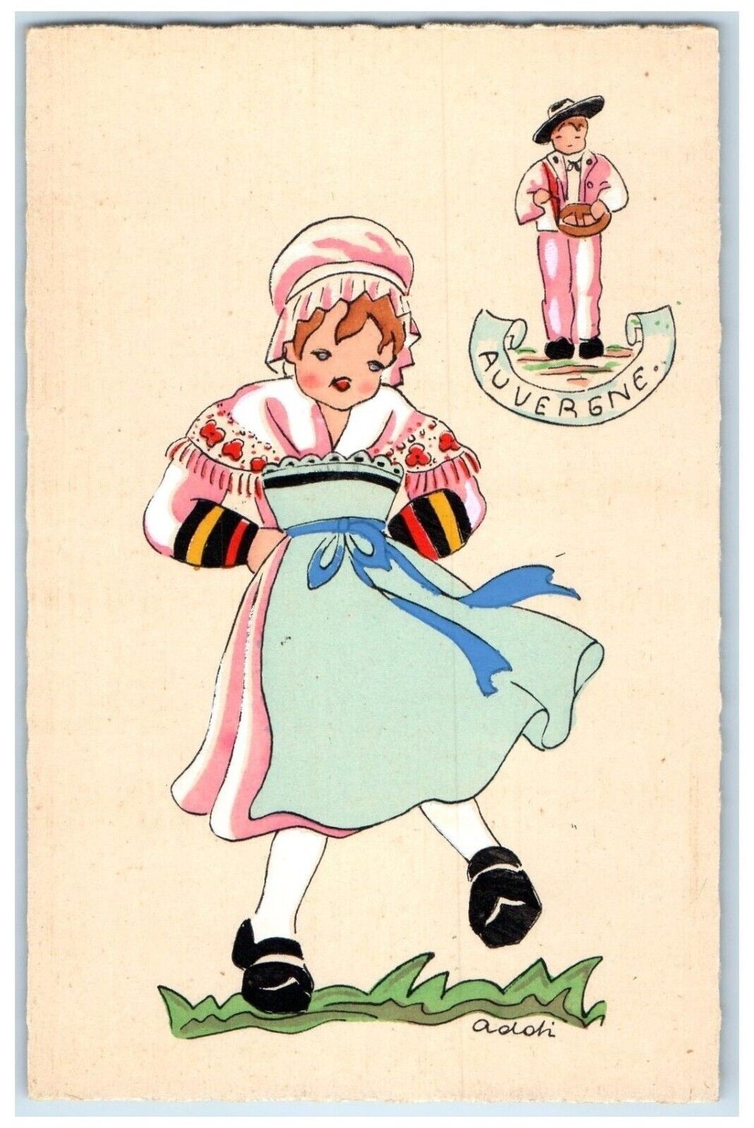 c1930's Dutch Cute Girl Dancing Auvergne Unposted Vintage Postcard