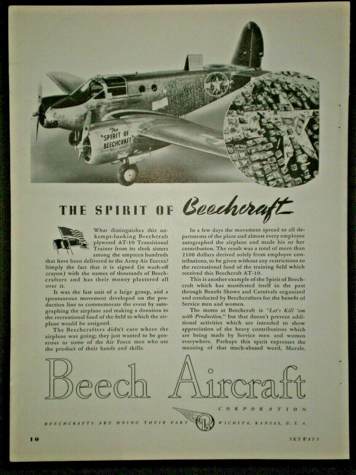1943 SPIRIT OF BEECHCRAFT AT-10 TRAINER PLANE WWII vintage Trade photo print ad