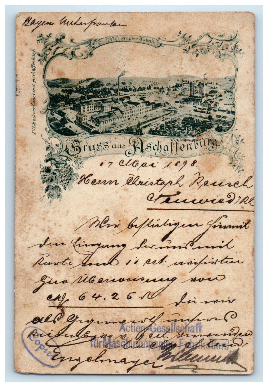 1898 Gruss Aus (Greetings from) Aschaffenburg Germany Antique Postcard