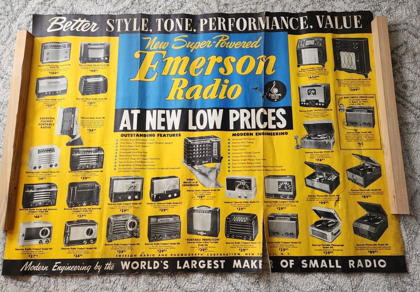 Vintage Original 1947 Emerson Radio Store Advertising Display Poster Large 43x31