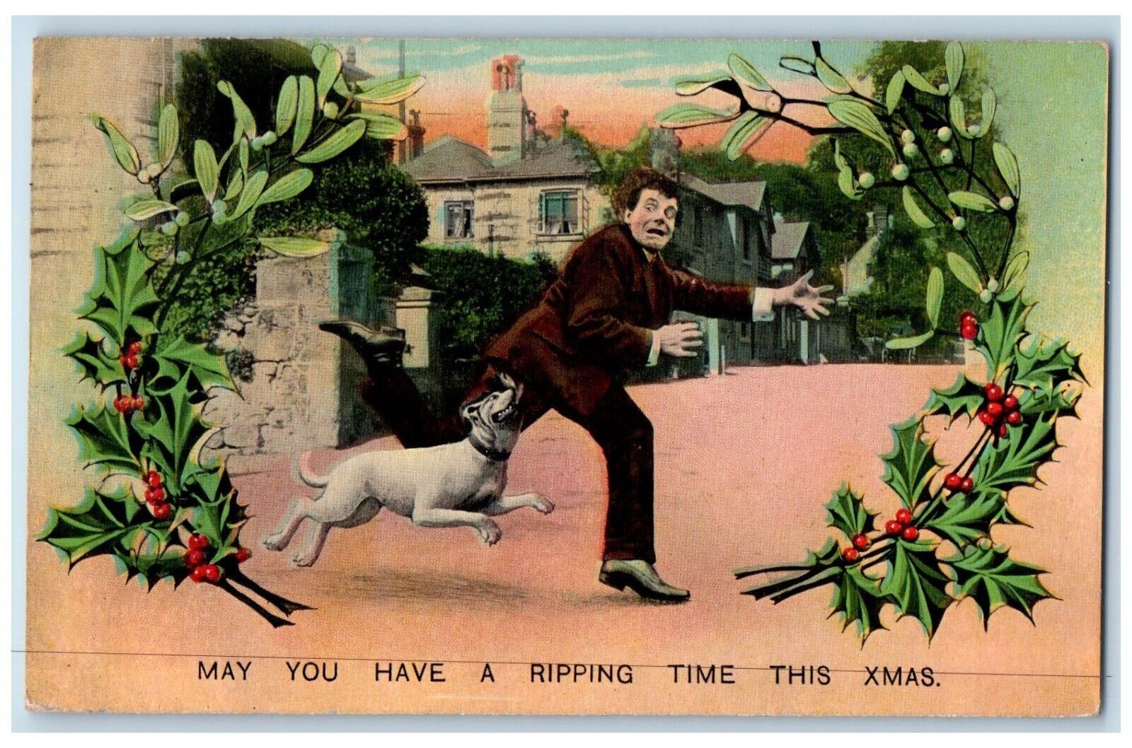 Christmas Dog Bite Man Running Holly Berries Bamforth Niagara Falls NY Postcard