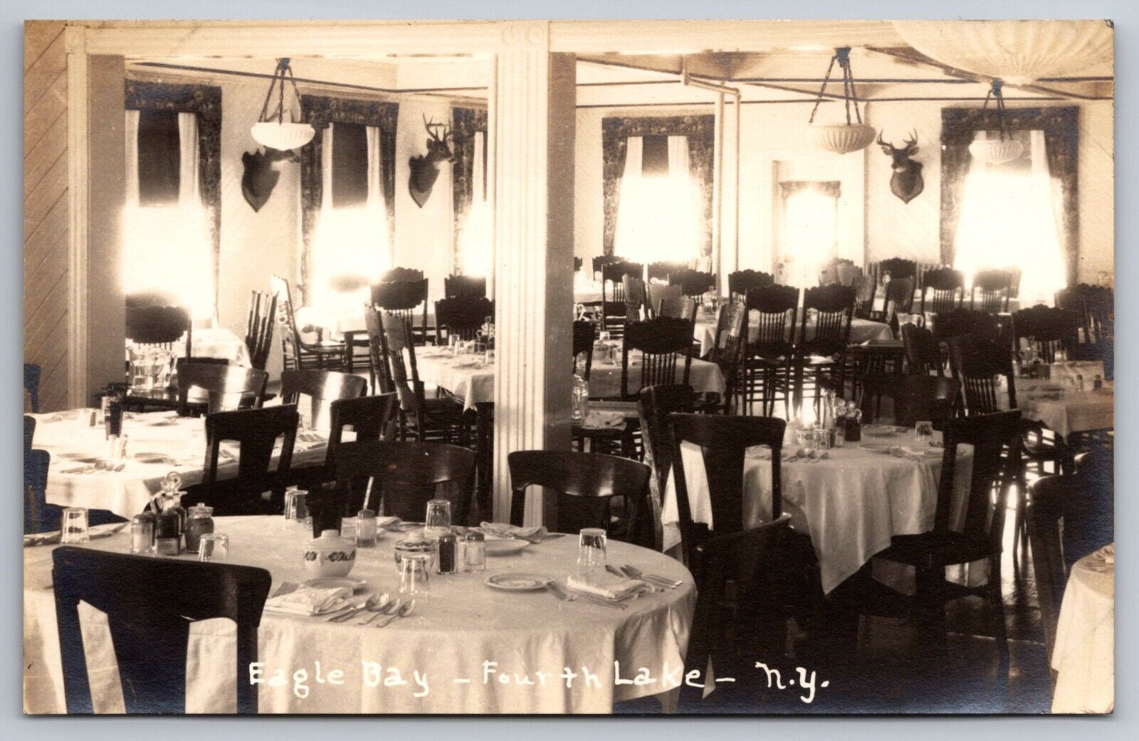 Eagle Bay. Fourth Lake. Interior Dining Room. New York Real Photo Postcard RPPC