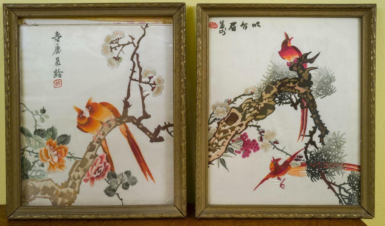 Japanese Art Silk Embroidery Tapestry Colorful Birds Tree Pair Framed hk