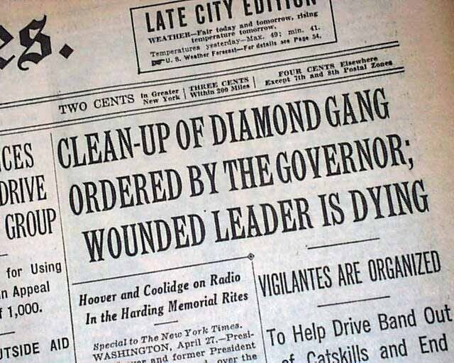 JACK \'LEGS\' DIAMOND Gangster Boss SHOT & Fred \'Killer\' Burke 1931 NYC Newspaper