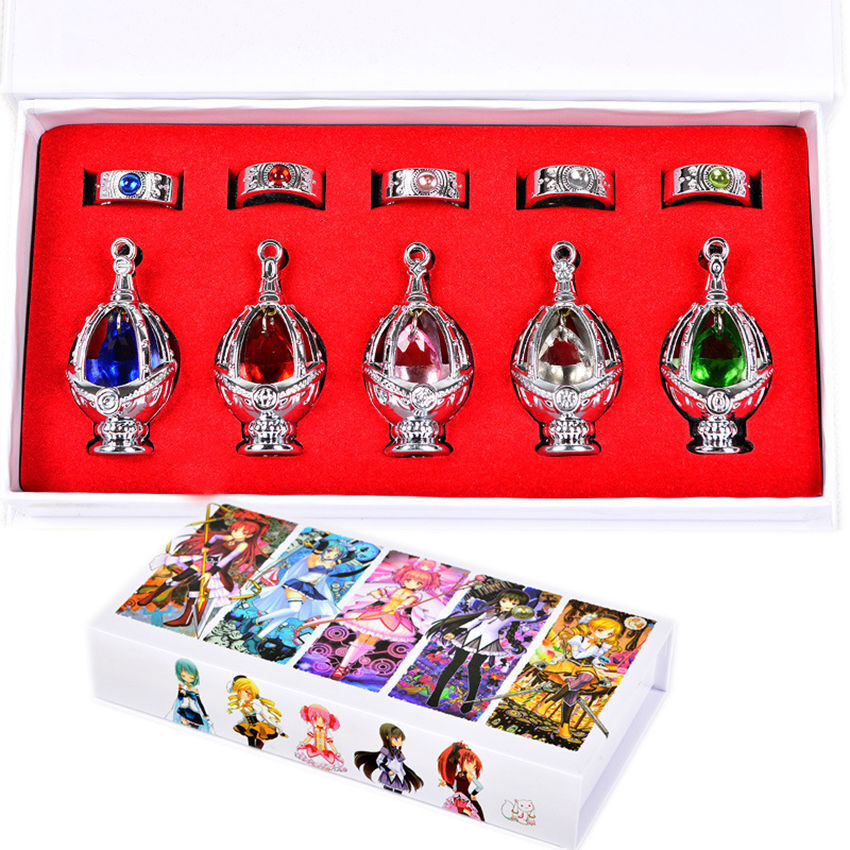 Anime Cosplay Puella Magi Madoka Magica Soul Gem 5 Necklace + 5 Rings Set in box