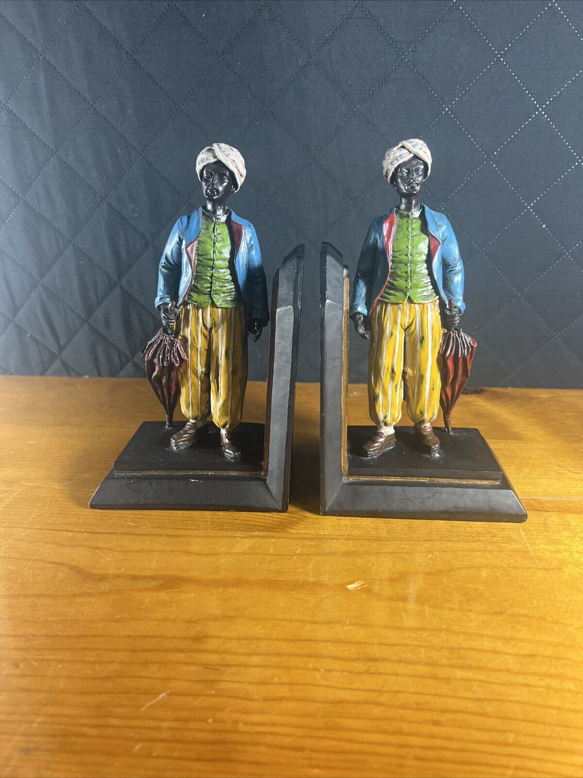 Set of Vintage Arab Men Standing with Umbrella Polychrome Resin Bookends 7-5/8\