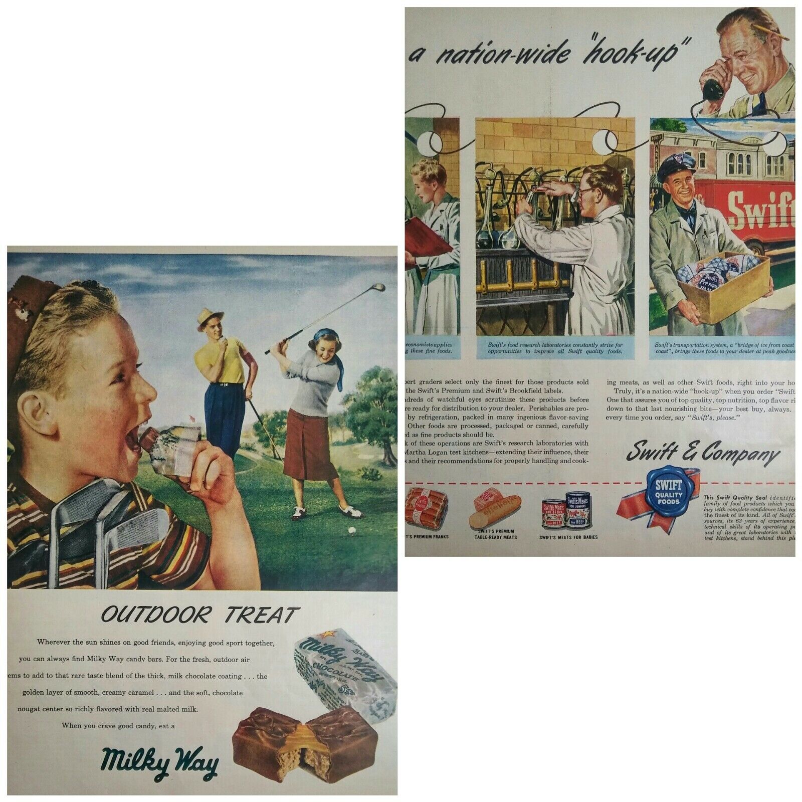  Milky Way Chocolate Swift Meats Original  Print Ad Double Sided 1948 Color 